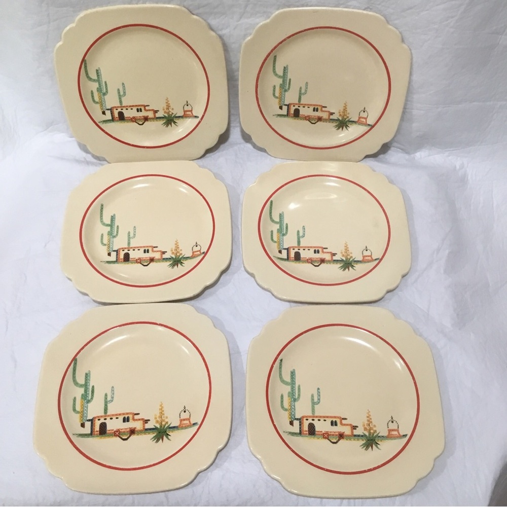 HOMER LAUGHLIN 6 Arizona Cactus Red Line Southwest Adobe USA VTG 6.25” Plates